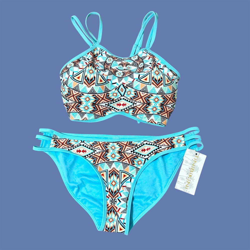 TiniBikini Tribal Print Bikini in Blue and Orange NWT